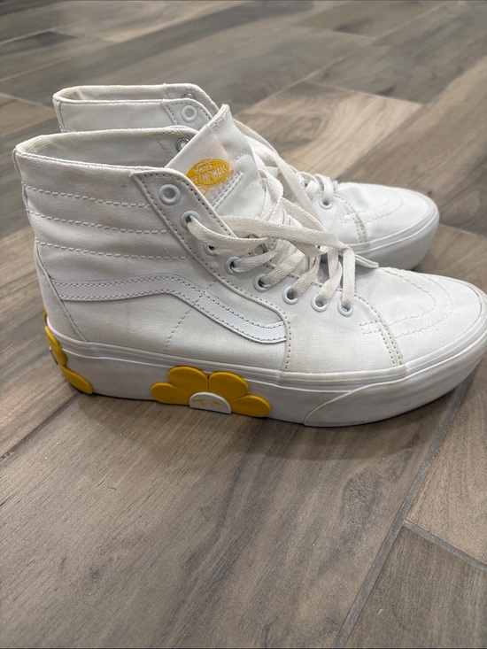 Vans Shoes - Vans White High-Top Canvas Sneakers with Yellow Daisy Sole Detail
